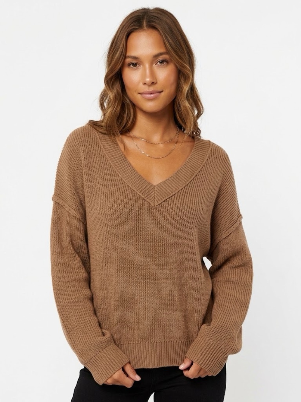 Blu Pepper V-Neck Sweater in Camel Brown Large